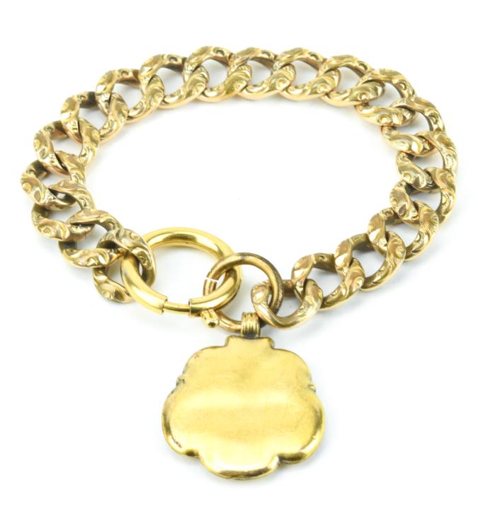 Antique Gold Filled Bracelet w Large Spring Ring: Antique Gold Filled Bracelet w Large Spring Ring & Art Nouveau Style Pendant. Measures 8 inches in length.