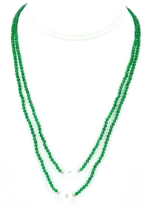 Pair of Emerald & Baroque Pearl Necklace Strands: Pair of Emerald & Baroque Pearl Necklace Strands. Each necklace with small mutli faceted emerald beads and one high luster baroque pearl. The beads test as emerald on the Presidium, may be treated or 