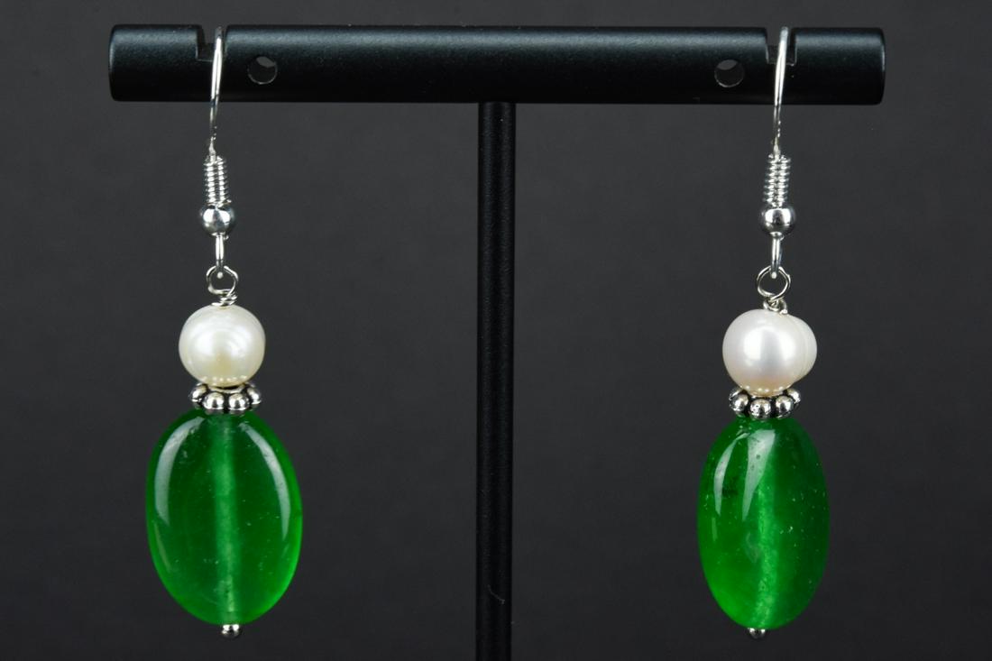 Pair Sterling Silver Jade & Baroque Pearl Earrings (1 of 6)