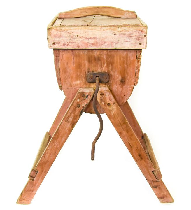 Antique Freestanding Crank Butter Churn: Antique Freestanding Crank Butter Churn. Measures 24 inches x 16 inches x 40 inches.
