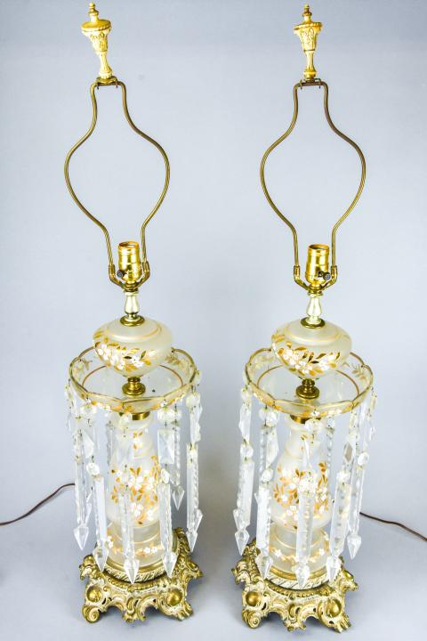Pair Epergne Style Brass, Crystal, & Glass Lamps (1 of 8)