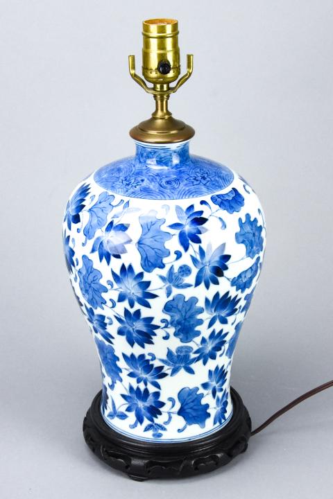 Chinese Blue & White Converted Lamp w Carved Base (1 of 7)