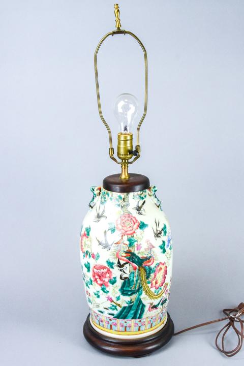 Antique Chinese Famille Rose Vase Form Lamp: Antique Chinese Famille Rose Vase Form Lamp with Carved Base and Top. 30 inches x 8 inches in diameter. Vase measures 16 inches.