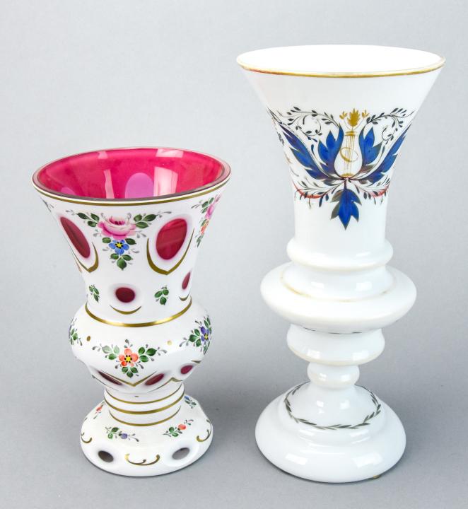 Bohemian Cut Cased Glass Vase & Opaline Glass Vase: Bohemian Cut Cased Glass Vase & Hand Painted Opaline Glass Vase. Opaline vase measures 10.5 inches x 5 inches.