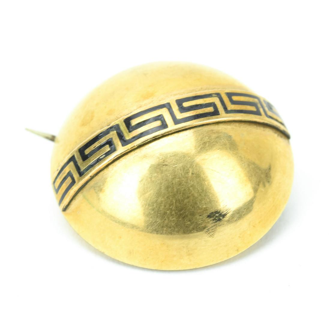 Antique 19th C Gold Black Enamel Greek Key Pendant: Antique 19th C Gold Black Enamel Greek Key Necklace Pendant or Brooch. Acid test as 10kt may be gold filled / cased. Measures 1 inch in diameter.