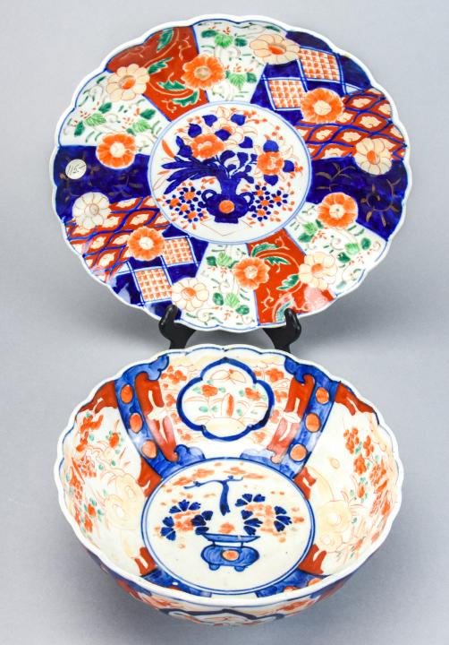 Antique Japanese Imari Porcelain Bowl & Charger: Japanese Imari Porcelain Bowl & Charger. Together they measure 5 inches x 12 inches.
