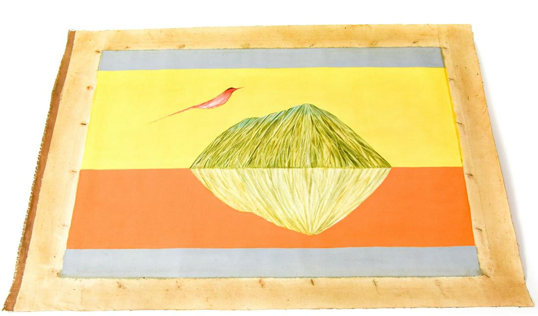 Jagdish Swaminathan Oil Painting on Canvas: Jagdish Swaminathan Oil Painting on Canvas of Bird and Mountain, Signed in verso in Hindu. Unframed. Purchased in Bombay in the 1980's, from the collection of a collector of Indian art. Entire canvas