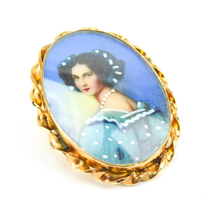 Antique Portrait Miniature Slide Necklace Pendant: Antique Portrait Miniature Slide Necklace Pendant. Gold filled setting with hand painted portrait miniature plaque under glass. Measures just over 1 inch in length.