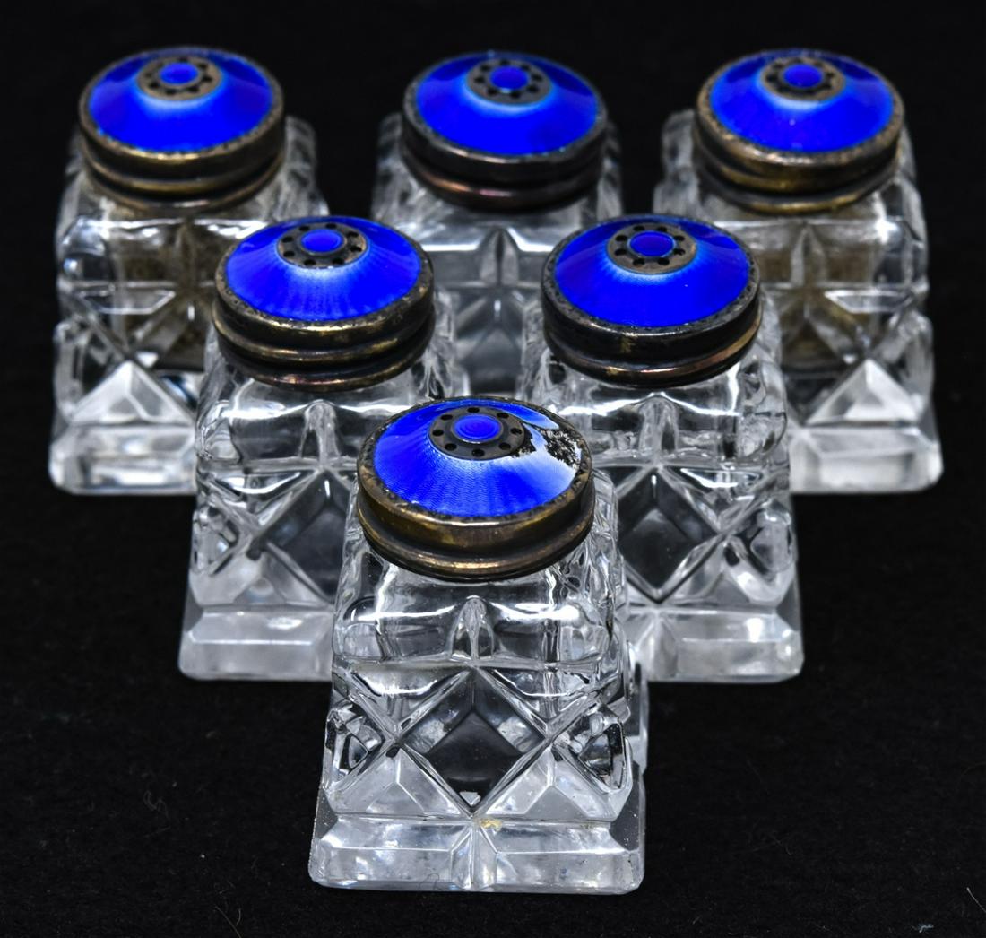 6 Antique Cut Crystal Silver Blue Enamel Shakers (1 of 7)