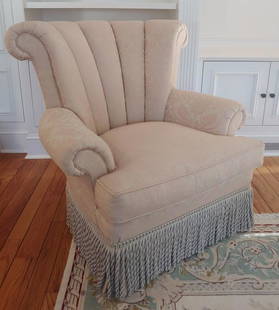 Julia Gray Roll Back Custom Upholstered Chair: Julia Gray Roll Back Custom Upholstered Sitting Chair w Fringe. Measures 38 inches x 38 inches x 30 inches and 18 inches from floor to seat.