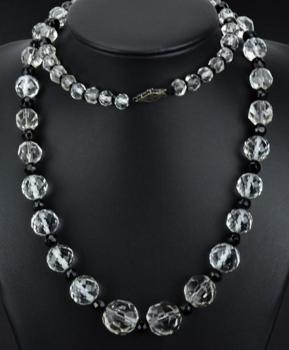 Antique Art Deco Rock Crystal French Jet Necklace: Antique Art Deco Rock Crystal French Jet Necklace. Flapper era necklace with sterling silver clasp. Measures 28 inches in length.