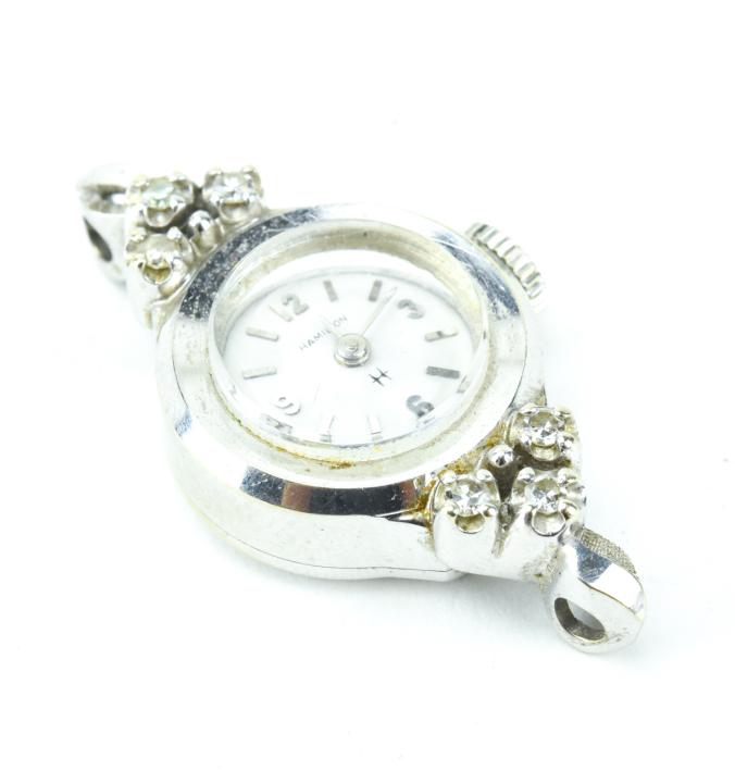 Hamilton 14K White Gold & Diamond Watch Face: Hamilton 14K White Gold & Diamond Women's Wrist Watch Face. Hallmarked on back. Measures 1.25 inches in length.