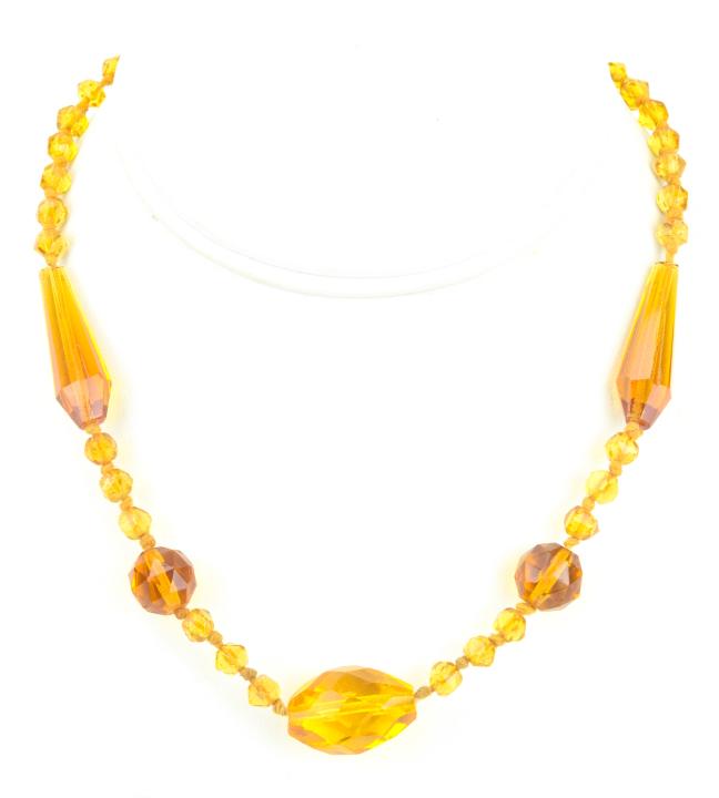 Antique Art Deco Faceted Citrine Glass Necklace: Antique Art Deco Faceted Citrine Glass Necklace. Measures 16 inches in length.