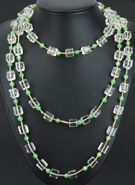 Antique Art Deco Crystal & Peking Glass Necklace: Antique C 1920s Art Deco Faceted Crystal & Peking Glass / Faux Jade Necklace Strand. Flapper era hand knotted necklace Strand. Measures 58 inches in length.