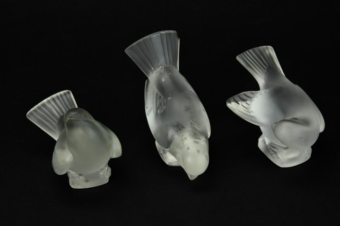 Collection 3 Lalique Frosted Crystal Birds: Collection 3 Lalique Frosted Crystal Birds. Acid etched on bottom. One bird with chip to tail. Another bird with minor chip to beak. Measures 3.25 inches x 4 inches.