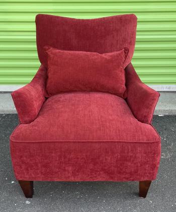 Contemporary Red Chenille Upholstered Armchair: Contemporary Red Chenille Upholstered Armchair. Measures 36 inches x 32 inches x 34 inches x 20 inches.