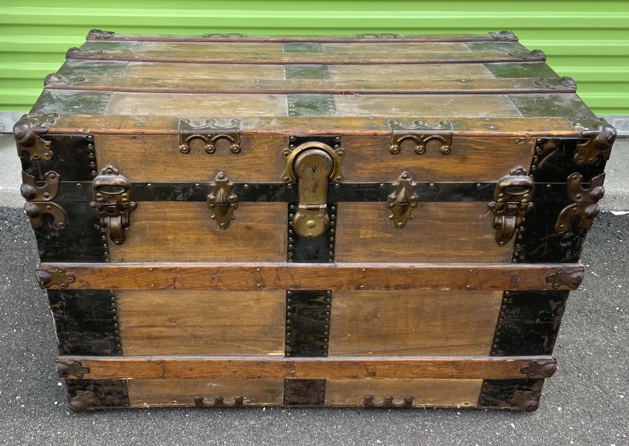 Antique Pine Wrought Iron Banded Steamer Trunk (1 of 8)