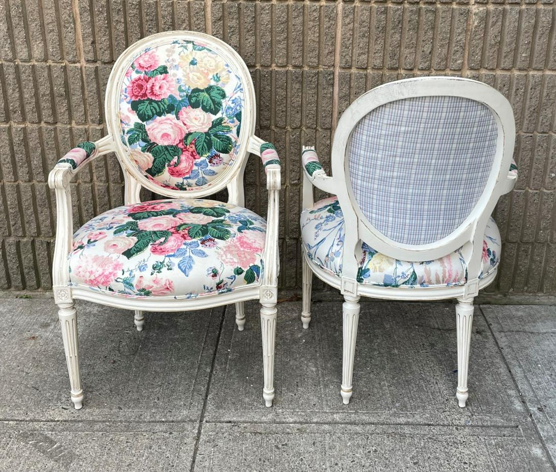 Whitewashed Louis XVI Floral Upholstered Armchairs: Pair Whitewashed Louis XVI Floral Upholstered Armchairs. Measures 39 inches x 23 inches x 24 inches x 18 inches from floor to seat.