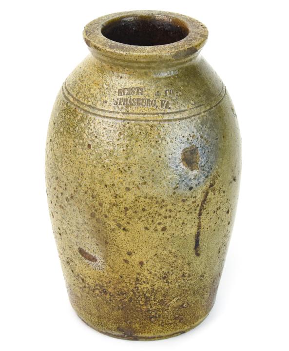 Antique Keister & Co. Strasburg, Va. Stoneware Jug: Antique Keister & Co., Strasburg, Virginia. Stoneware Salt Glazed Jug with Company Stamp on Side of Vessel. 9.5 inches x 6 inches in diameter.