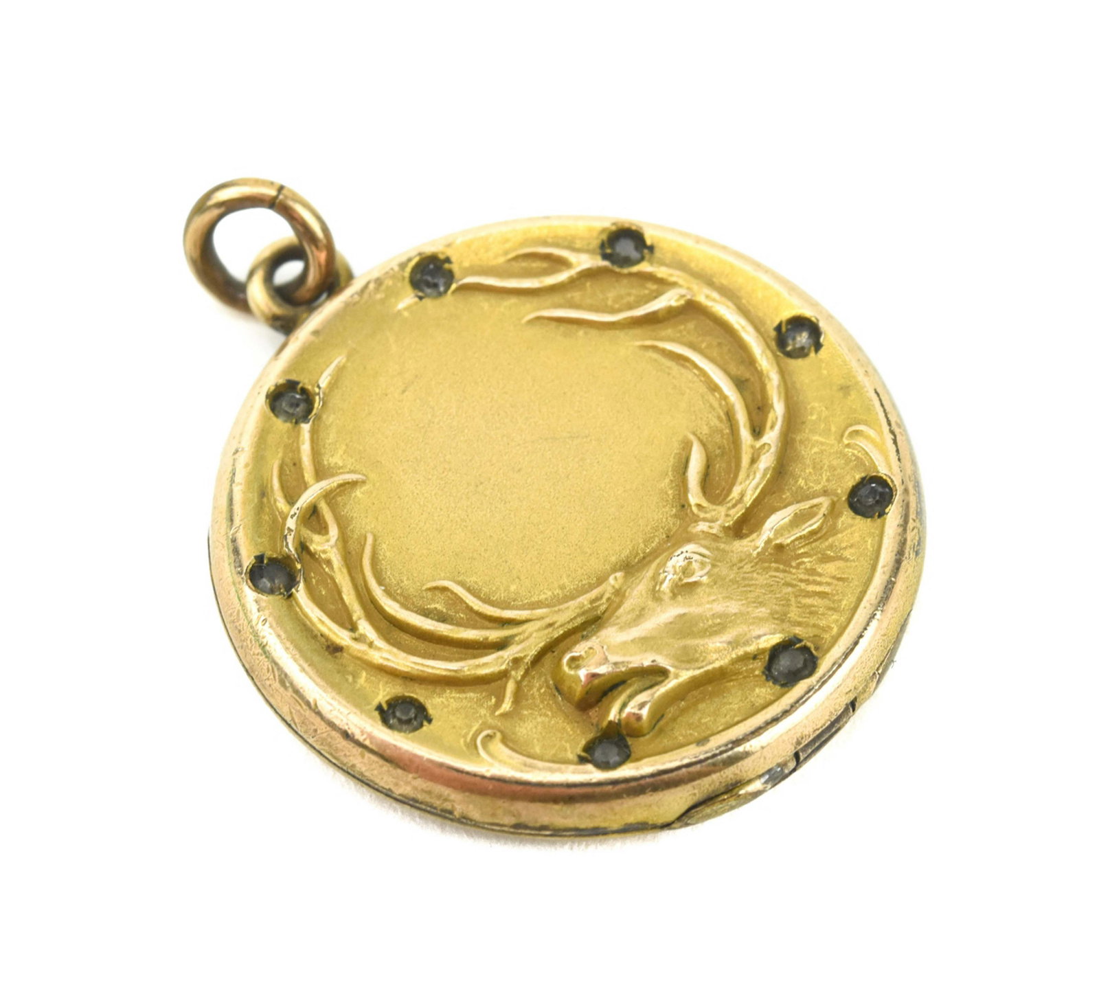 Antique 19th C Figural Stag Deer Locket Pendant: Antique 19th C Figural Stag Deer Locket Pendant. Gold filled locket necklace pendant with a stag / deer motif set with paste stones. Measures just over 1.25 inches in length.