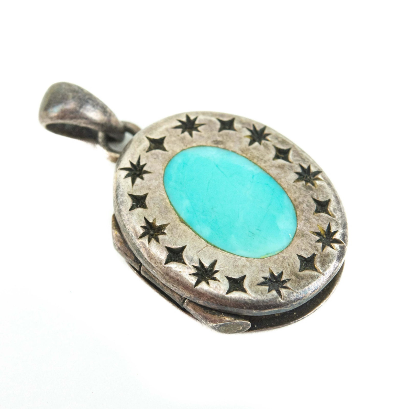 Antique Sterling & Turquoise Enamel Locket w Stars: Antique Sterling & Turquoise Enamel Locket w Star Burst Design. Measures 1.25 inches in length.