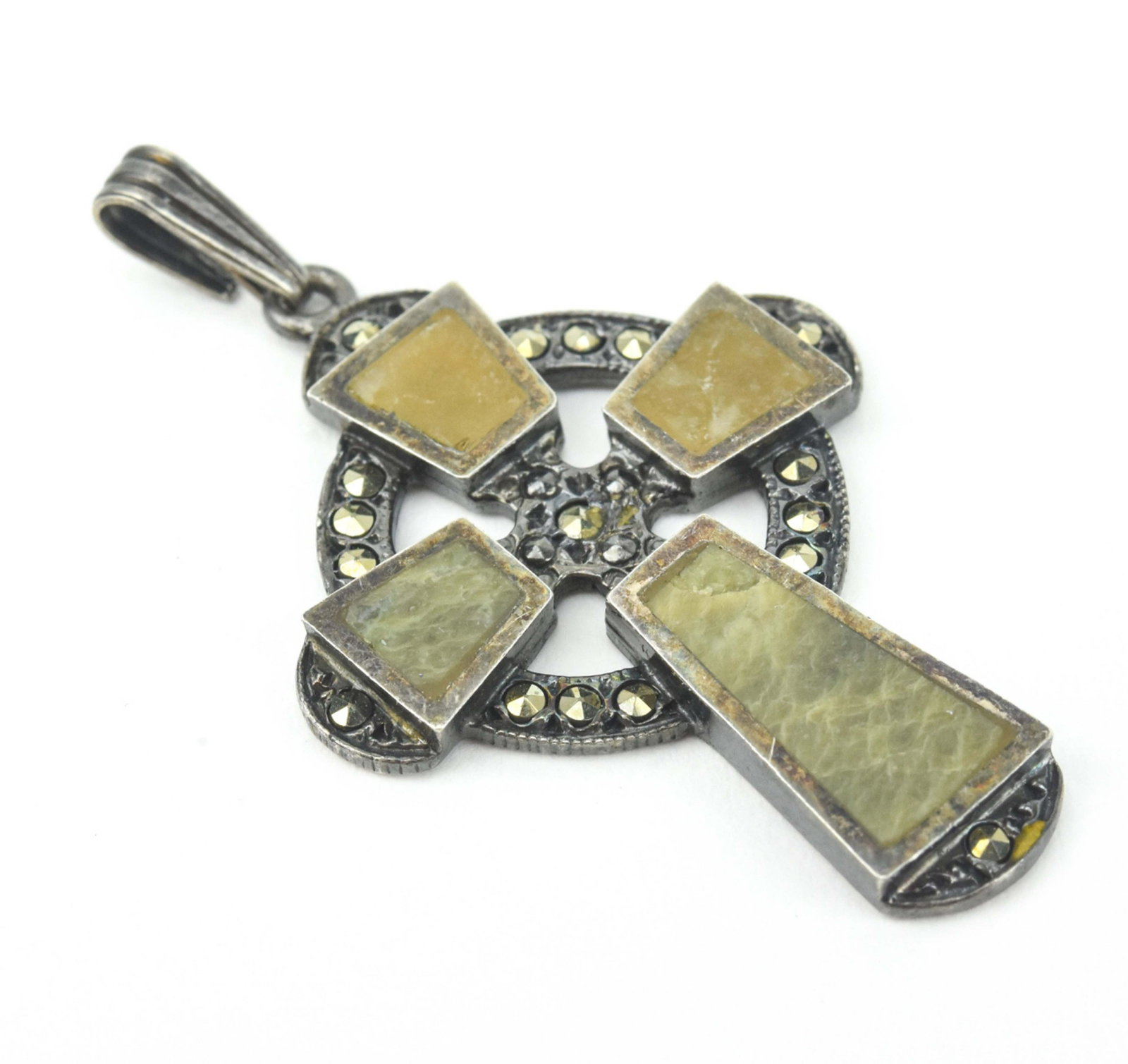 Sterling Silver & Connemara Marble Cross Pendant: Vintage Irish Sterling Silver & Connemara Marble Cross Pendant w Marcasite. Measures just over 1.5 inches in length.
