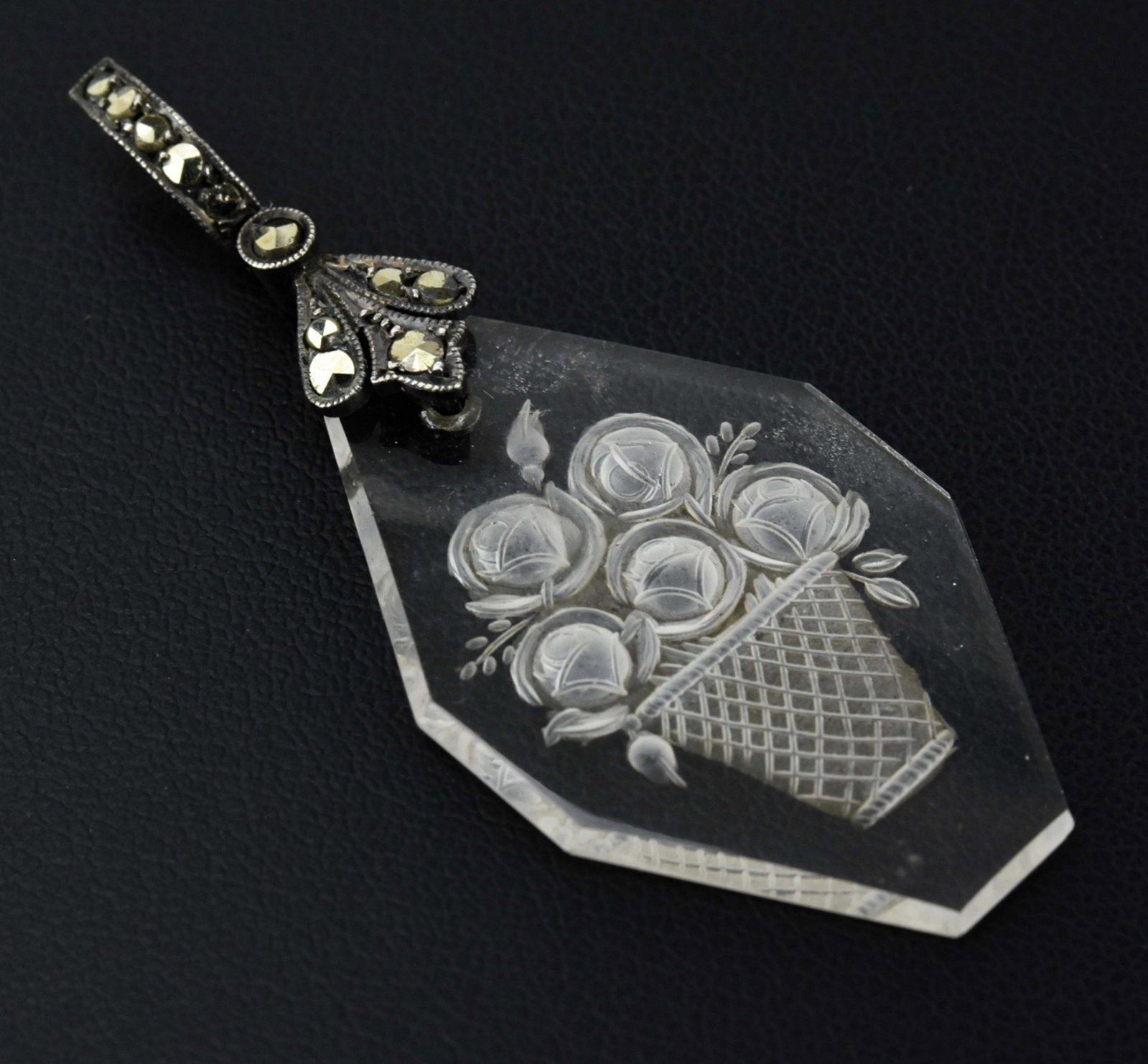 Antique C 1920 Sterling Marcasite Intaglio Pendant: Antique Art Deco C 1920s Sterling Silver Rose Cut Marcasite & Gardinetto Floral Motif Intaglio Necklace Pendant. Measures just over 1.75 inches in length.