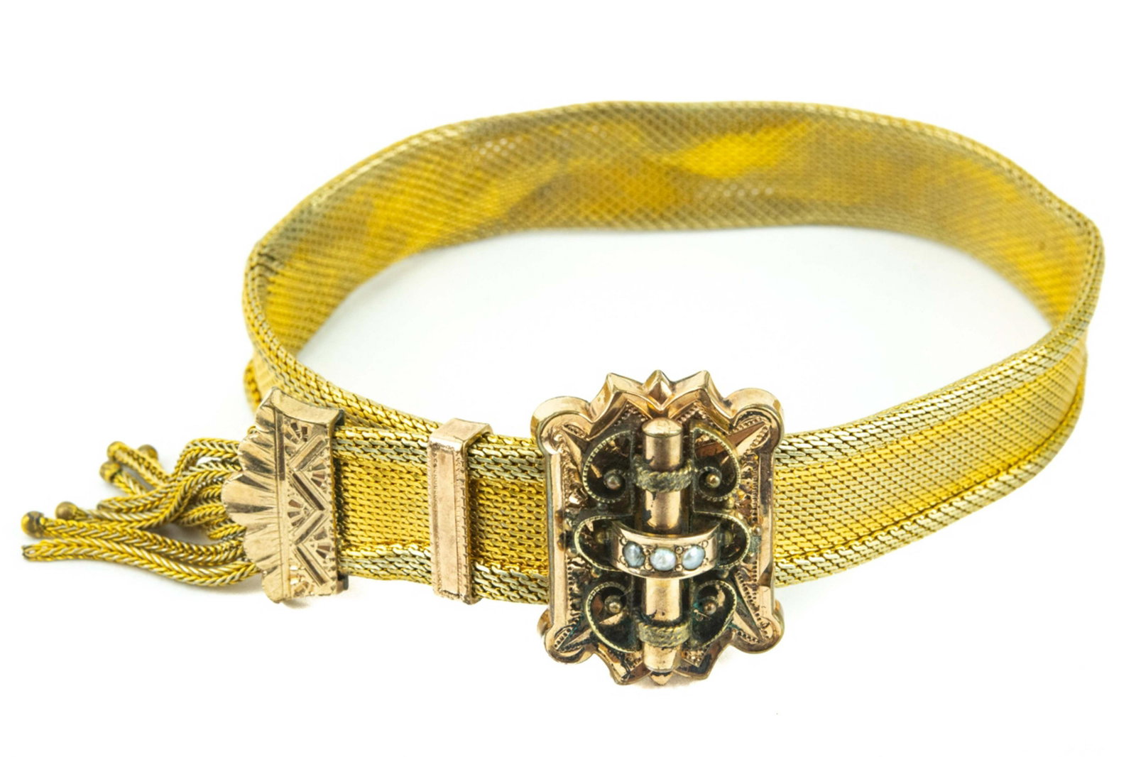 Antique 19th C Gold Fill Bracelet w Tassel & Slide: Antique 19th C Gold Fill Bracelet w Tassel & Slide. Gold filled slide set with seed pearls. Adjustable in size