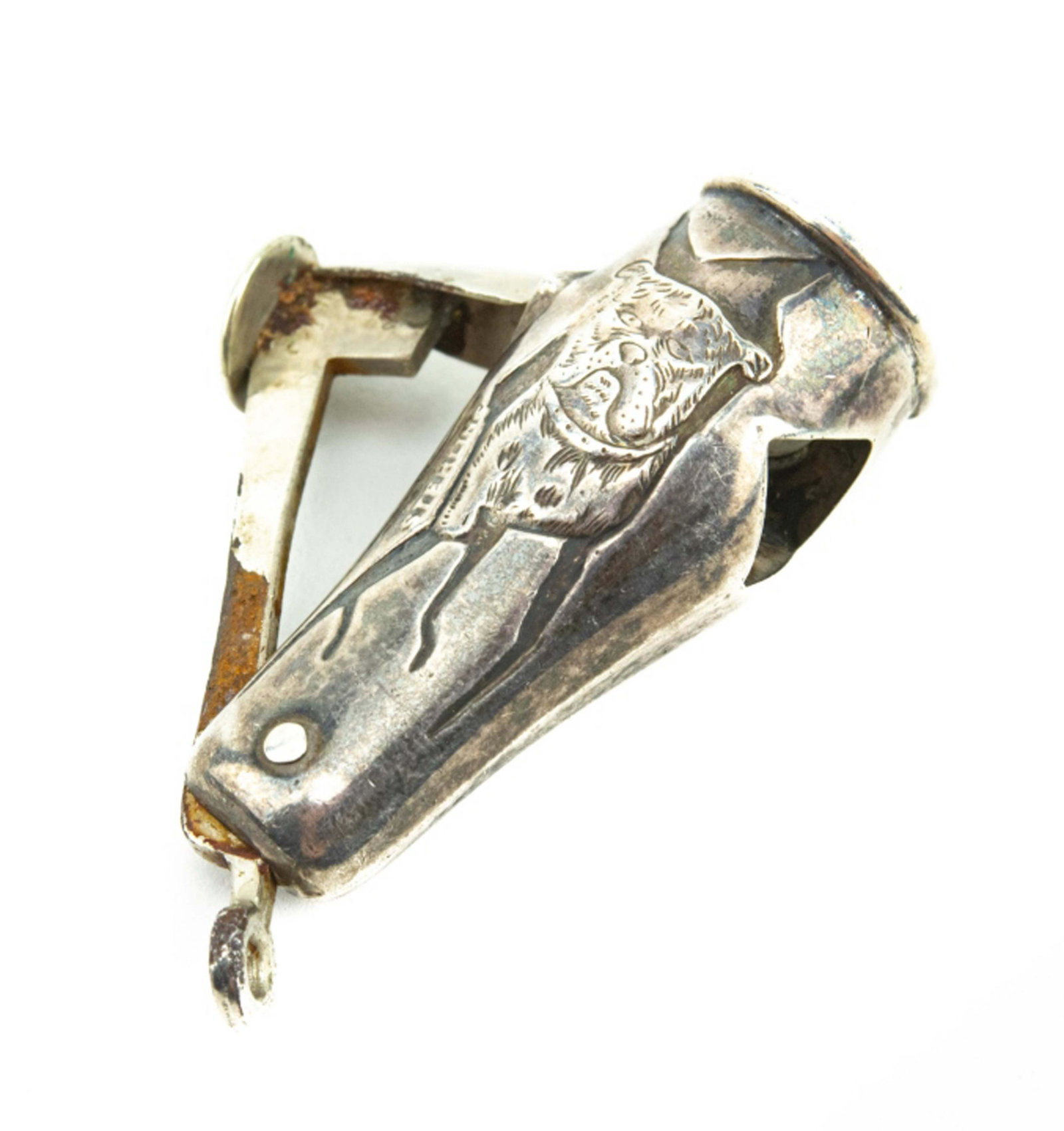 Antique Sterling Bull Dog Motif Cigar Cutter Fob: Antique Sterling Silver Bull Dog Motif Cigar Cutter Fob. Hallmarked. Bull dog scene on both sides. Measures 1.75 inches in length.