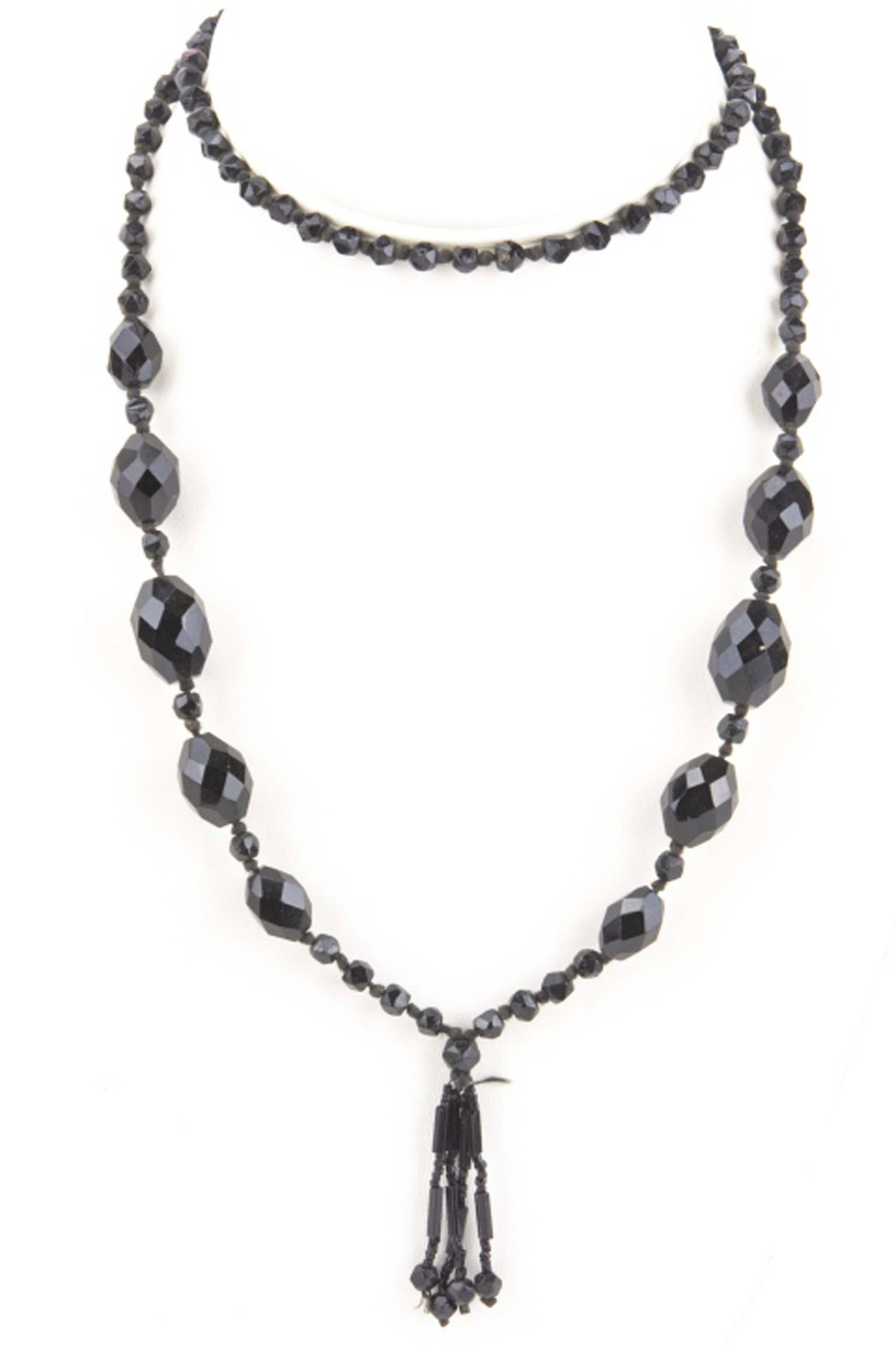 Antique Art Deco Hand Knotted French Jet Necklace: Antique Art Deco Hand Knotted French Jet Necklace w Tassel Pendant. Measures 31 inches in length, plus the tassel.