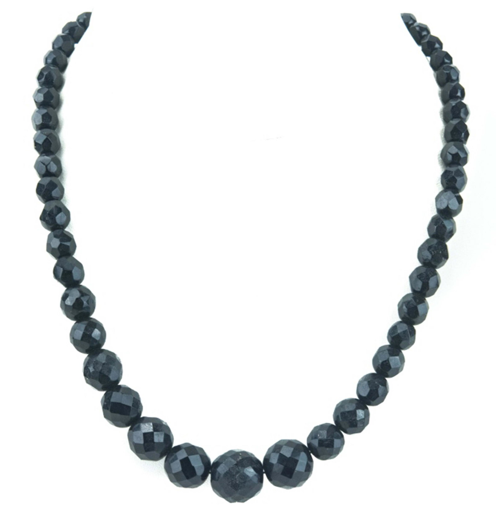 Antique Art Deco Faceted French Jet Necklace: Antique Art Deco Faceted French Jet Necklace. Graduated size beads with filligree clasp. Measures 17 inches in length.