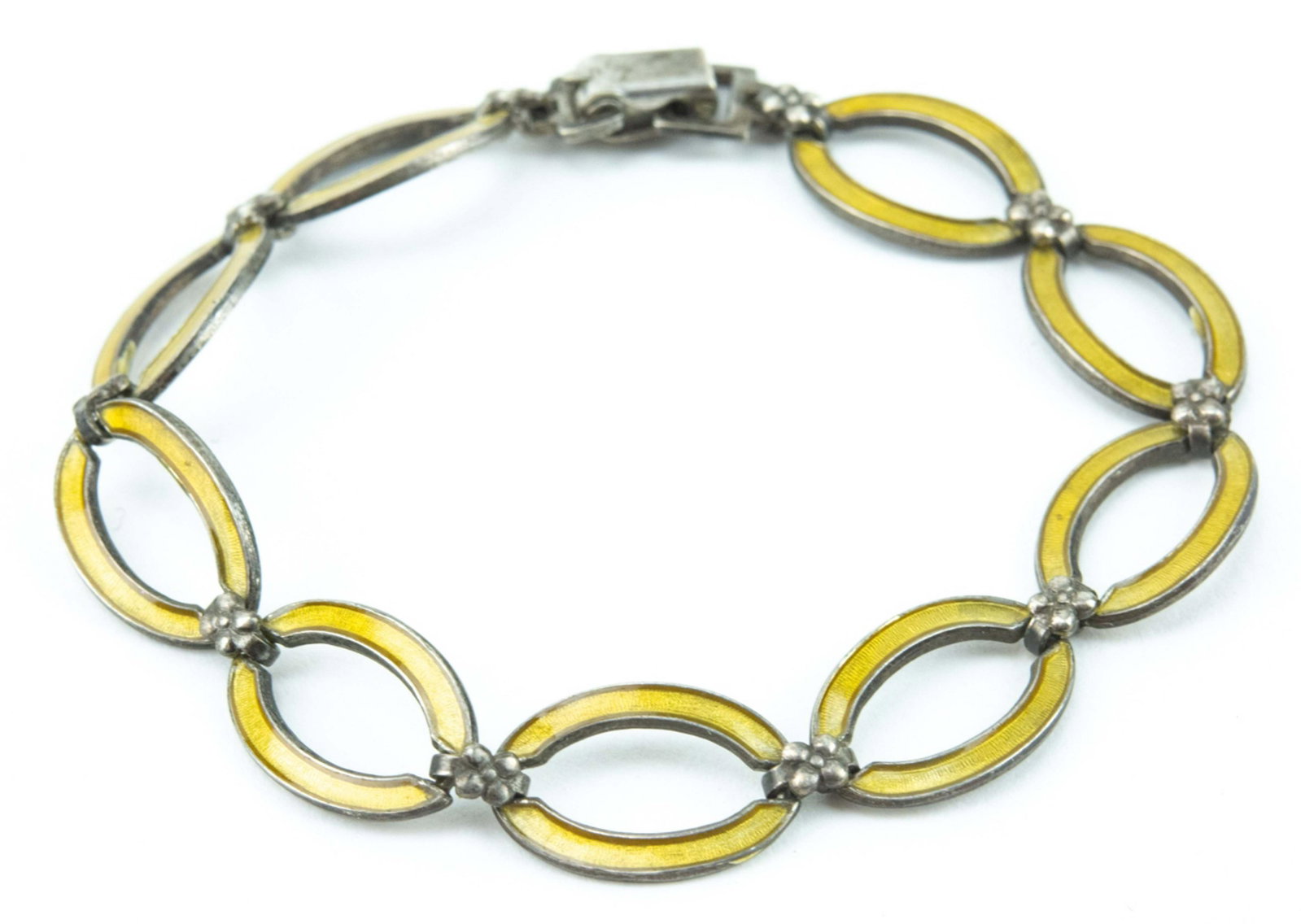 Antique Art Deco Sterling & Enamel Bracelet: Antique Art Deco Sterling & Enamel Bracelet. Articulated panel bracelet. Hallmarked. Measures 7.25 inches in length.