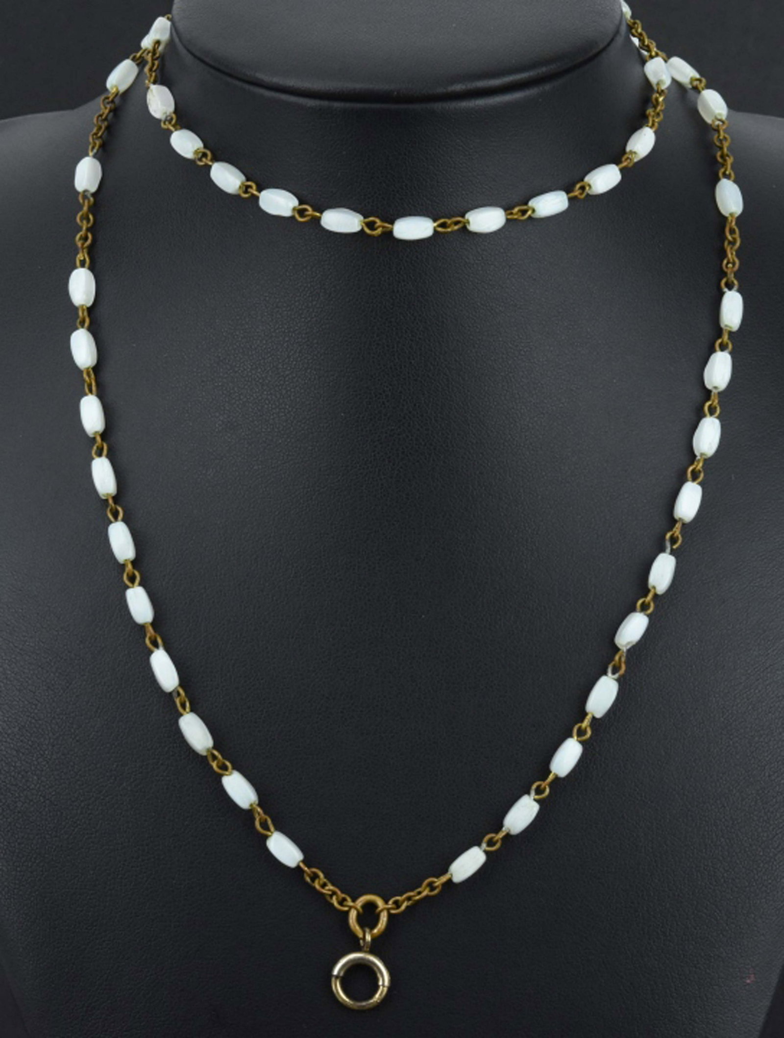 Antique Gilt Opaline Glass Bead Chain w Jump Ring: Antique Gilt Metal & Opaline Glass Bead Necklace Chain w Jump Ring for Charms / Pendants. Measures 27 inches in length.