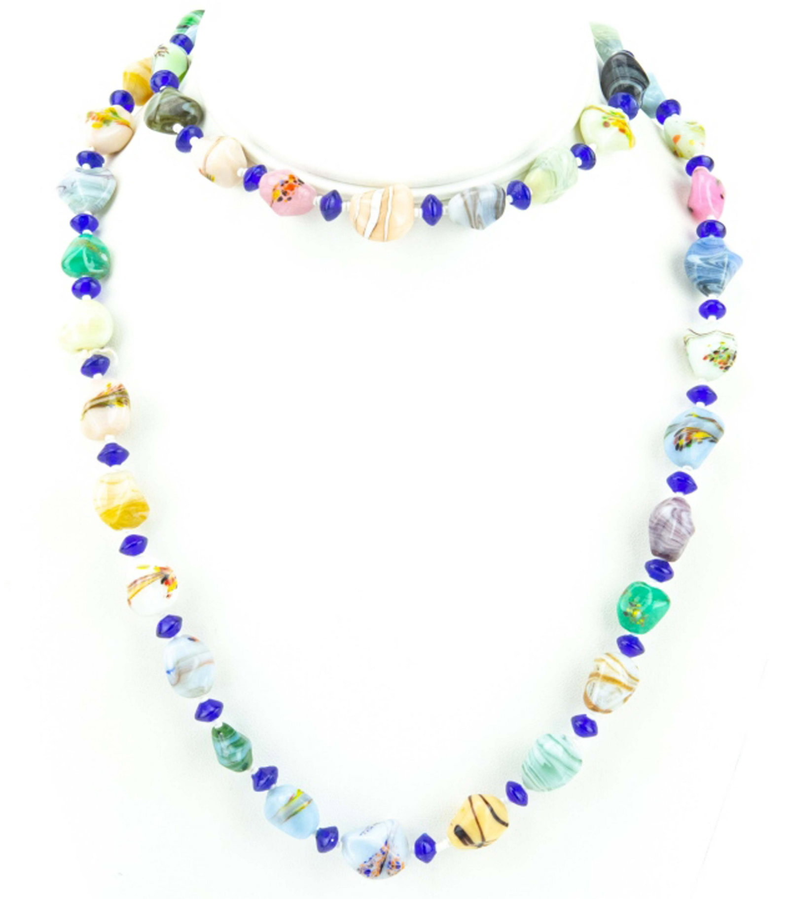 Murano Art Glass Bead & Rhinestone Bead Necklace: Murano Art Glass Bead & Rhinestone Bead Necklace. Having iridescent rhinestone beads and mille fiore Italian Murano art glass beads. Measures nearly 48 inches in length. Hand knotted.
