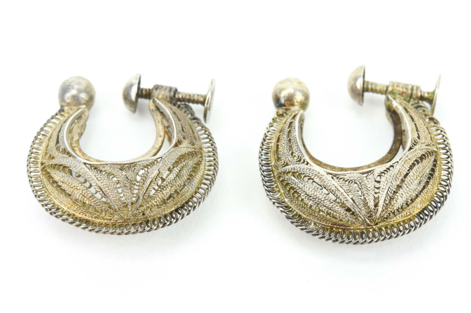 Antique Handmade Silver Filigree Crescent Earrings (1 of 5)