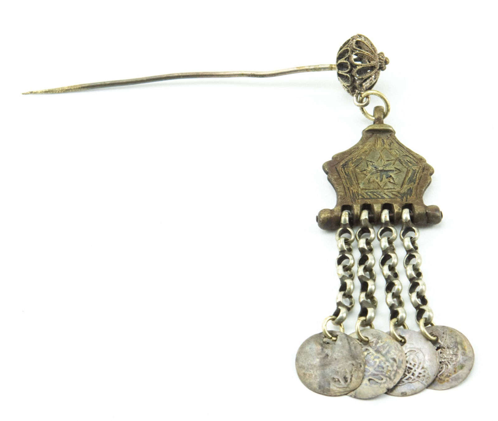 Antique Middle Eastern Stick Pin w Pendant & Coins (1 of 8)
