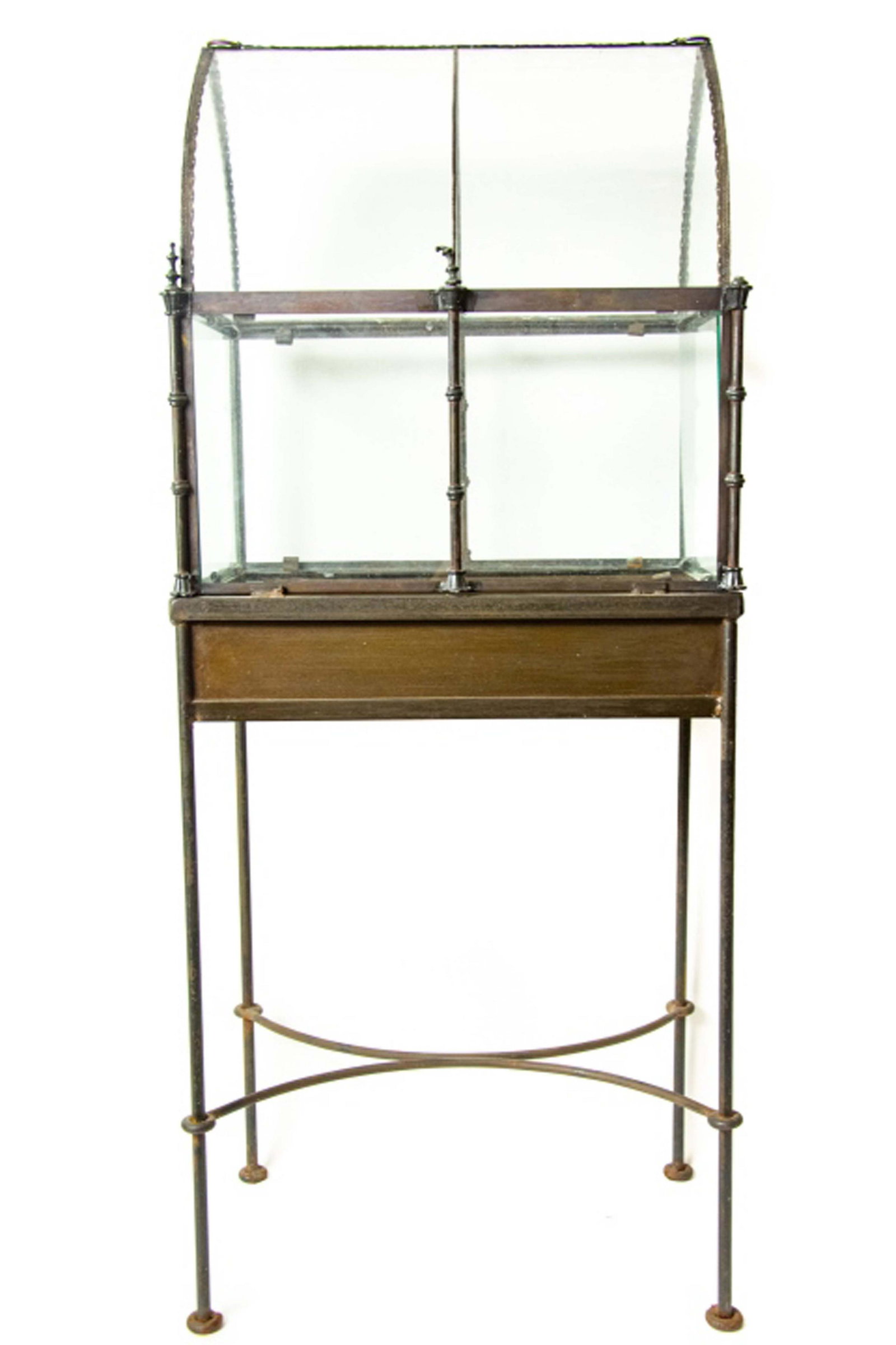 Victorian Style Barrel Vault Terrarium on Stand: Victorian Style Barrel Vault Glass and Brass Bronze Tone Terrarium on Stand. Glass enclosure is removable. One side spire is missing and one is damaged. 46 inches x 18 inches x 11 inches