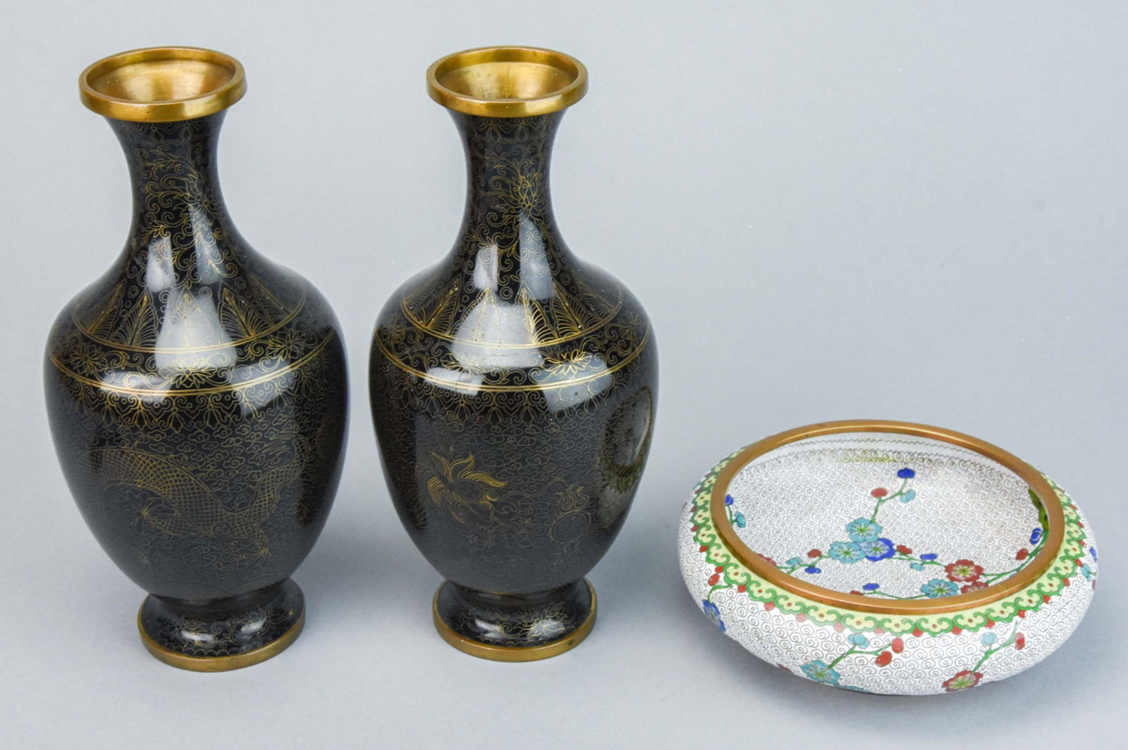 Pair Chinese Black Enamel Cloisonne Dragon Vases (1 of 11)