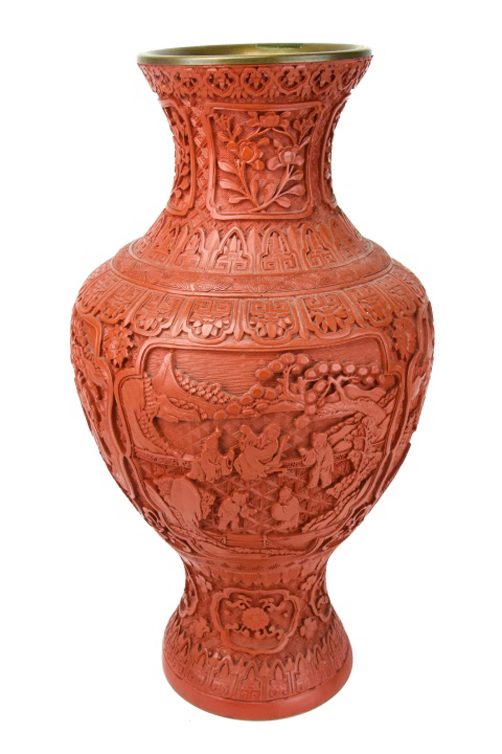 Large Chinese Cinnabar Carved Vase Scholar Motif (1 of 9)