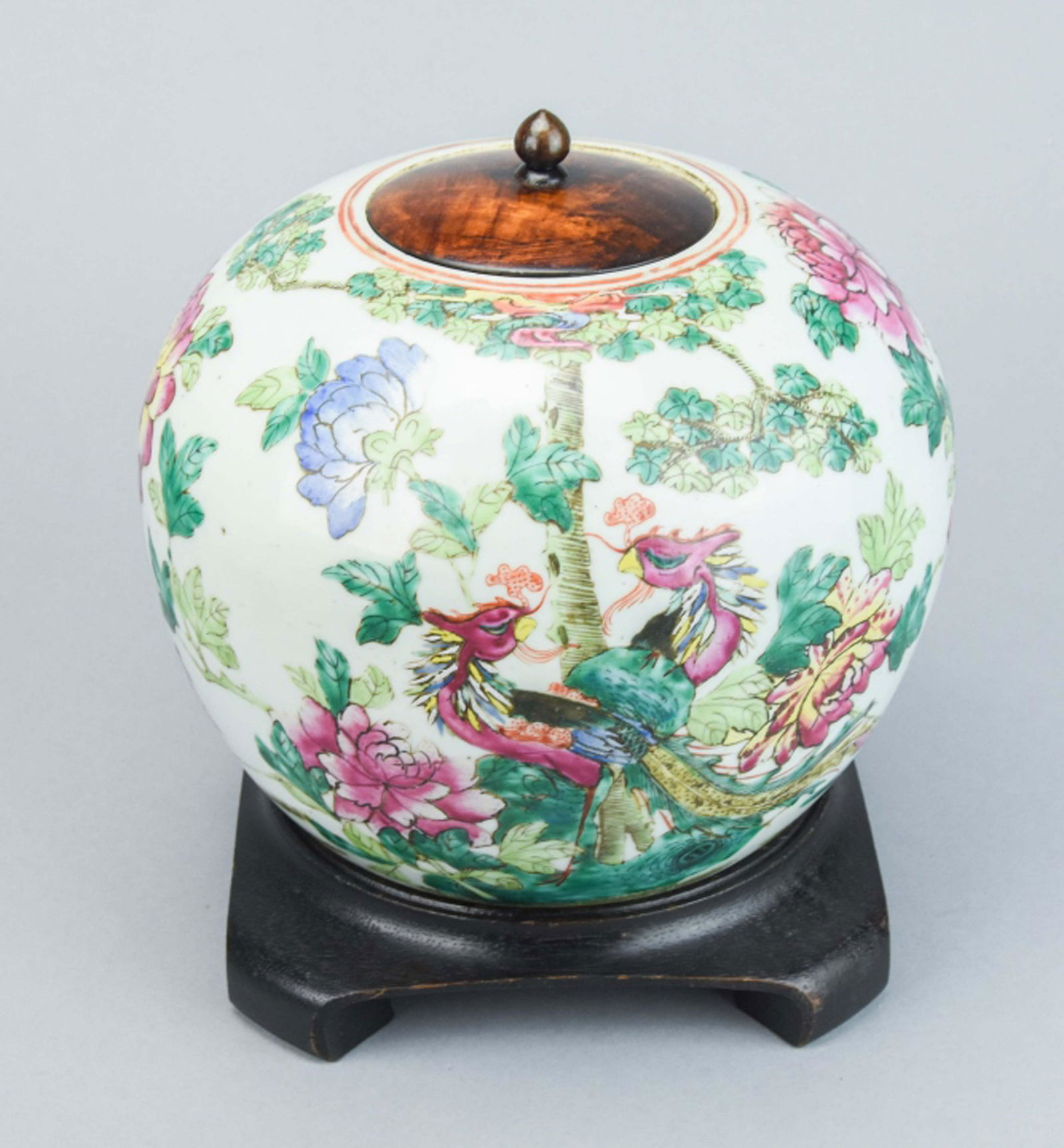 Antique Chinese Rose Canton Jar with Peacock Motif (1 of 8)