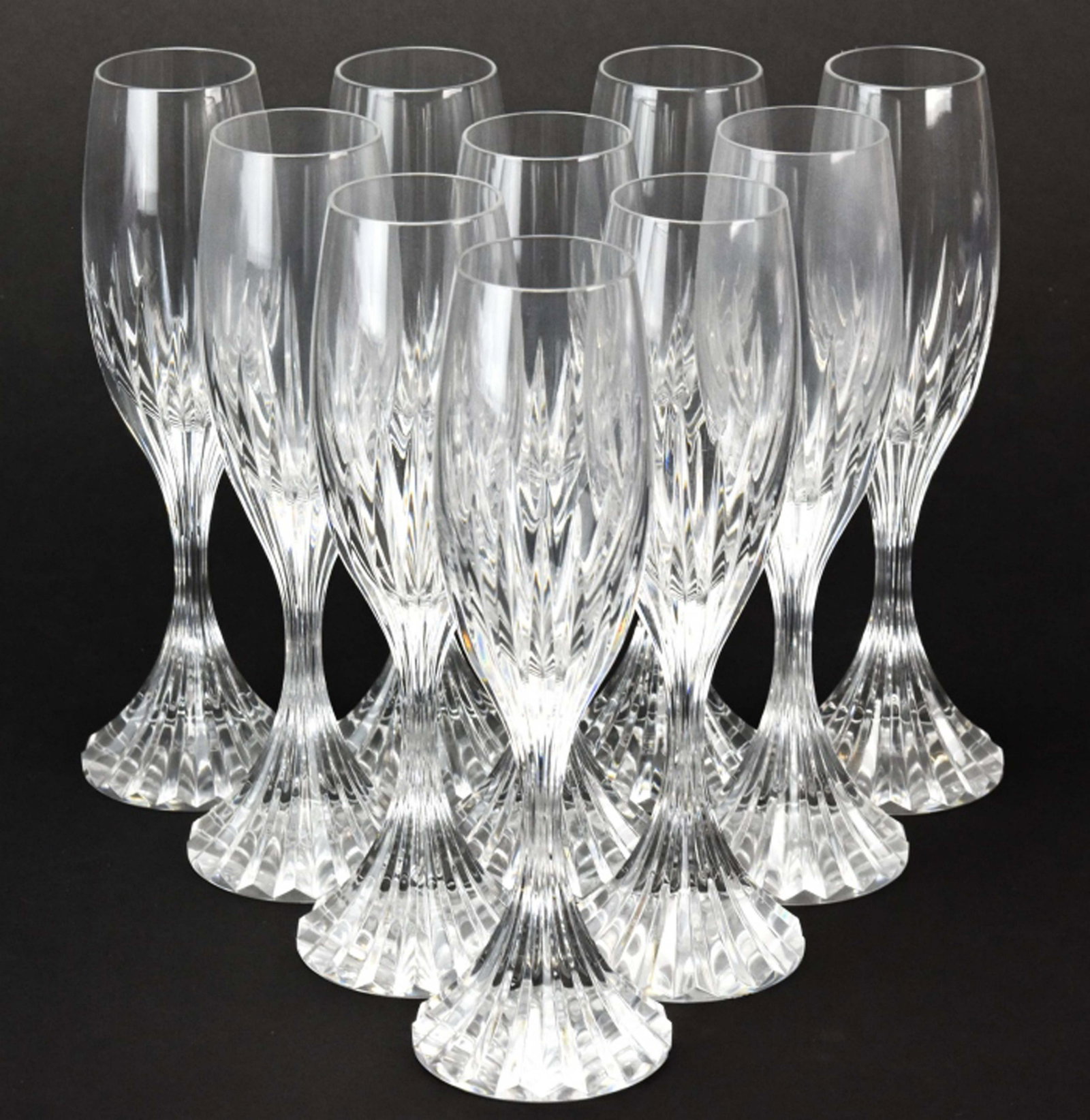 Set 10 Baccarat France Massena Champagne Flutes: Set 10 Baccarat France Massena Crystal Champagne Flutes. Measures 8.5 inches x 2.75 inches x 2.75 inches.