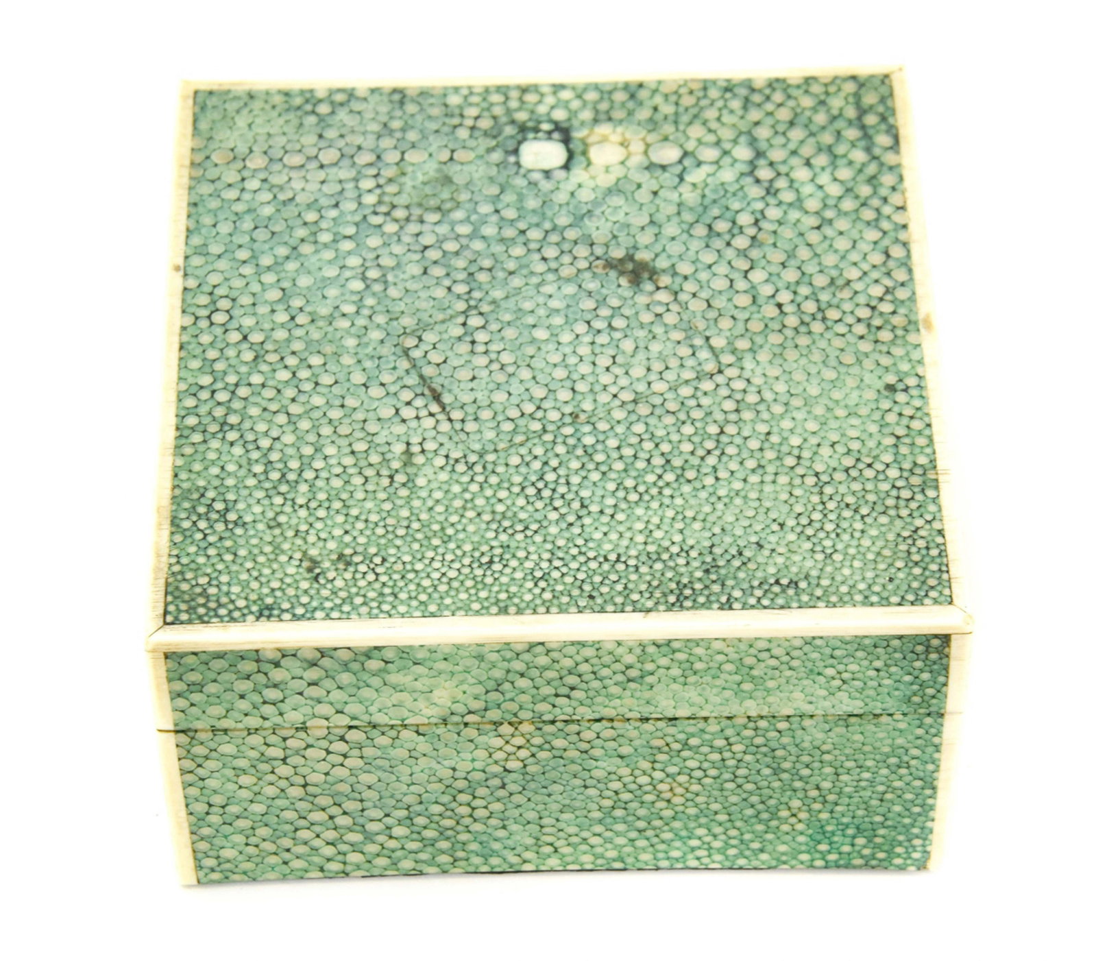 Art Deco London Made Shagreen Table Box w Bone: Art Deco London Made Shagreen Table Box with Bone Inlay. Marked London Made on bottom. Measures 2.25 inches x 4.25 inches x 4.25 inches