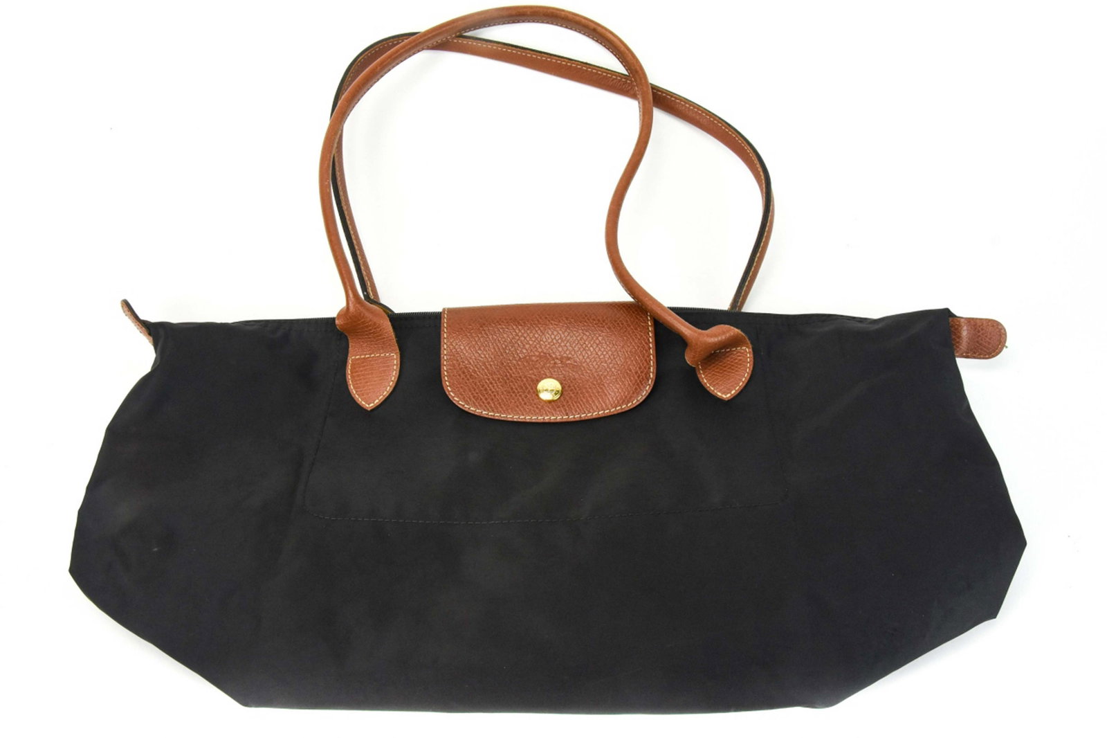 Longchamp Black Nylon & Leather Folding Carry Bag: Longchamp Black Nylon & Leather Folding Carry Bag. 12 inches x 18 inches opened.