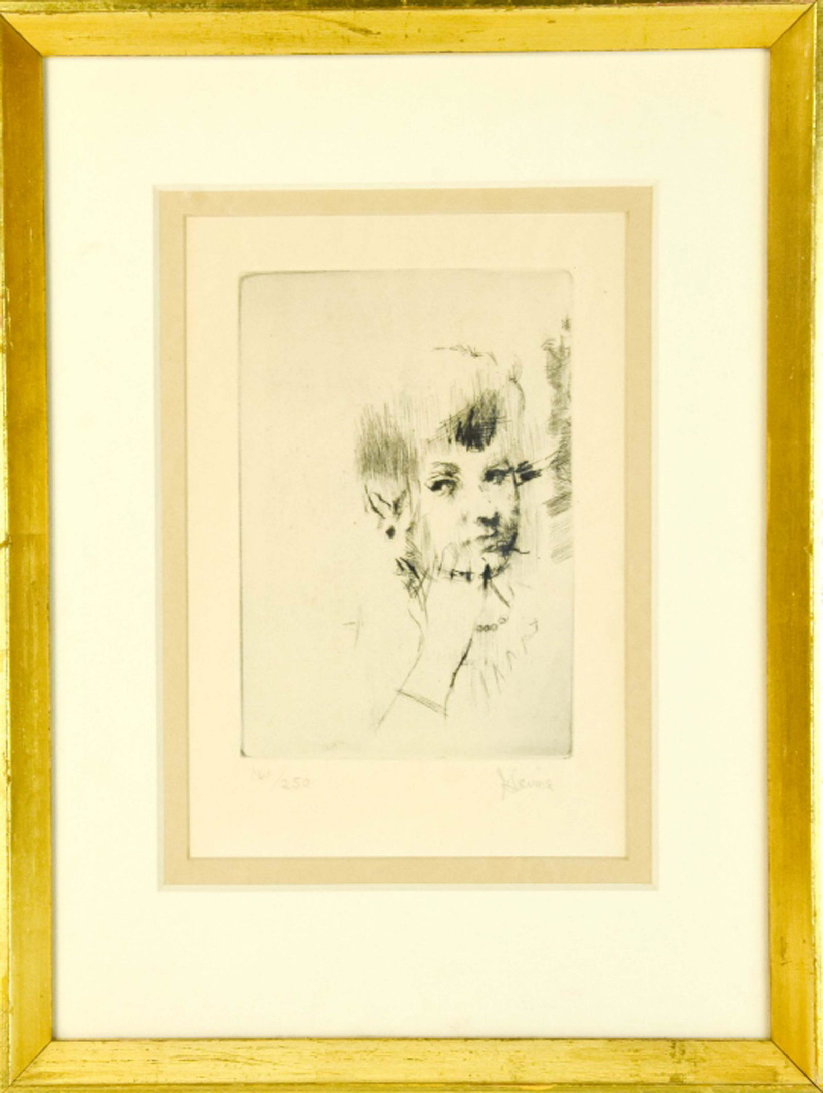 Signed Jack Levine "Meditation" Etching Numbered: Signed Jack Levine (1915-2010) "Meditation" Etching Numbered 161/250. Frame measures 12 inches x 16 inches. Window measures 6.5 inches x 9.5 inches.