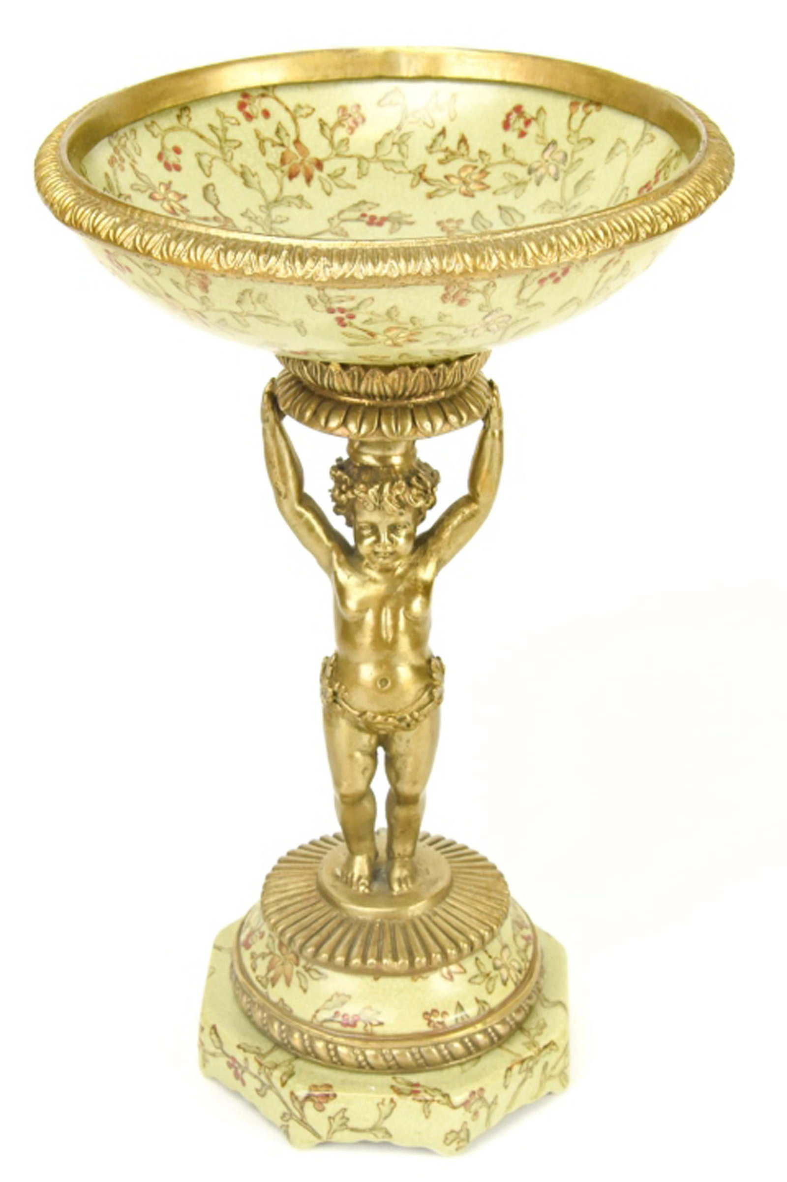 Rococo Porcelain & Ormolu Figural Putti Compote: Rococo Style Hand Painted Porcelain & Ormolu Figural Putti Compote. Measures 11.75 inches x 7.5 inches in diameter.