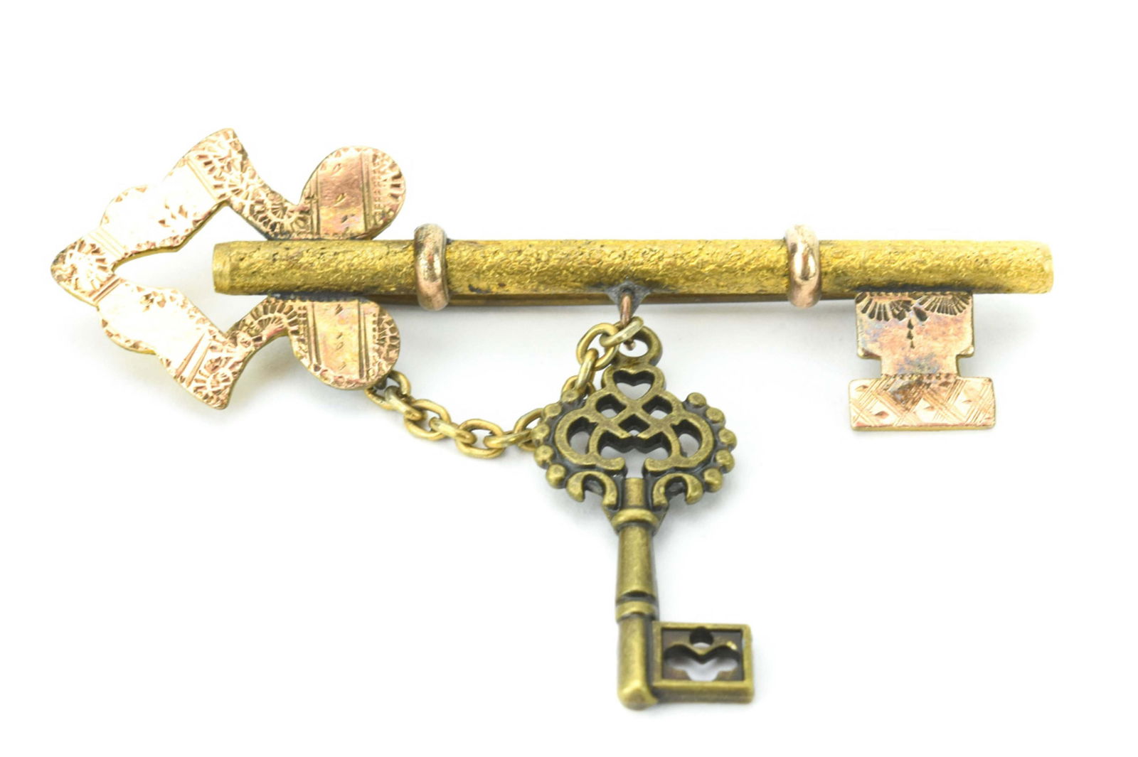 Antique 19th C Skeleton Key Brooch w Charm (1 of 6)