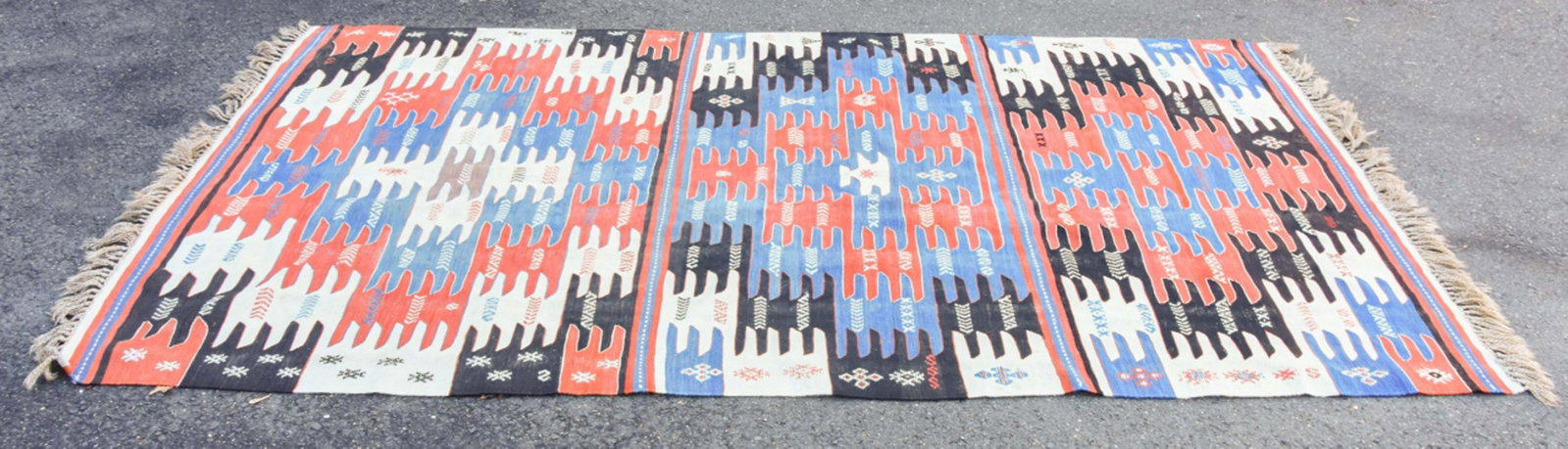 Southwestern Hand Woven Kilim: Southwestern Hand Woven Kilim. Ivory, red, blue and brown color ways. 110 inches x 64 inches