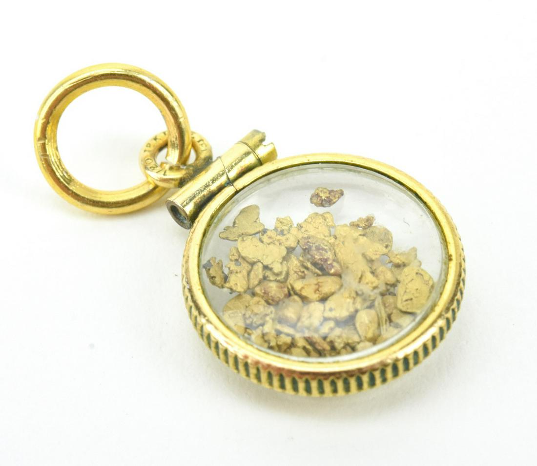 Antique Shaker Locket Pendant w Real Gold Nuggets: Antique Shaker Locket Pendant w Real Gold Nuggets. Gold filled frame with convex back and front with real gold flakes / nuggets inside. Measures just over 1 inch in length.