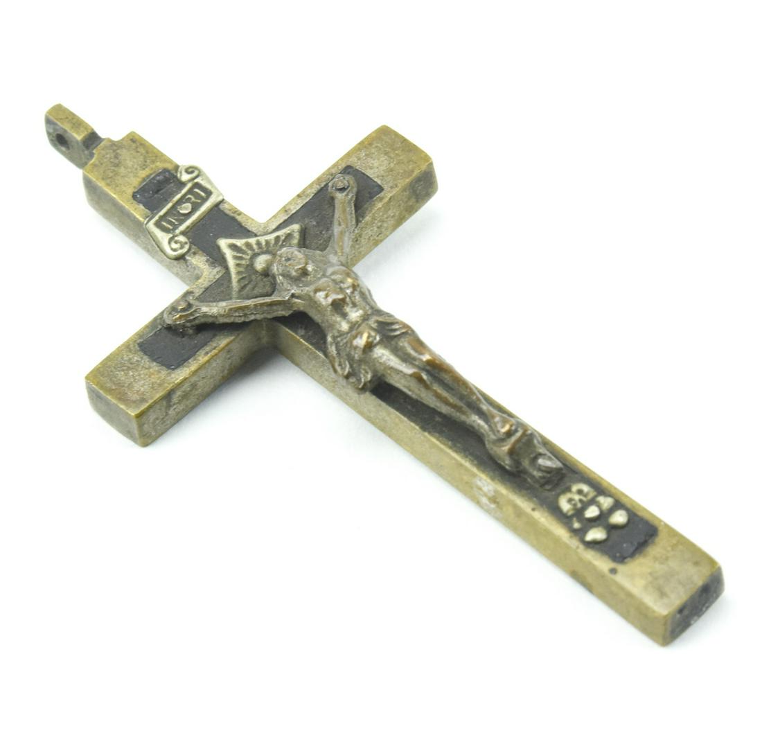 Antique European Crucifix Pendant w Skull & Bones: Antique European Crucifix Pendant w Skull & Bones. Ebony tone wood and silver tone metal. Measures 3.25 inches in length.