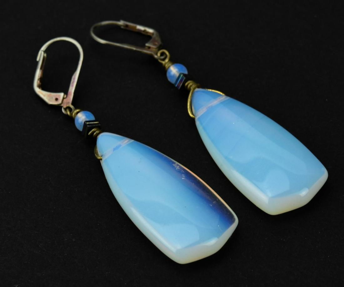 Pair Sterling Silver & Moonstone Pendant Earrings: Pair Sterling Silver & Moonstone Pendant Earrings. Each measures 2.5 inches in length.